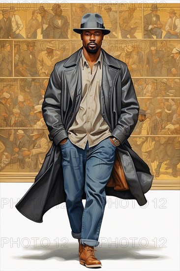 Portrait of american african 40s year old man cat walk pose wear jeans jacket and plain shirt ai