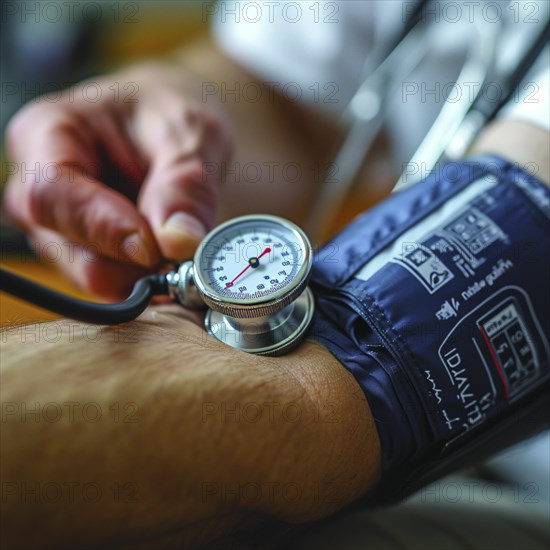 A man checks his blood pressure with a measuring device. Avoidance of bulk hypertension, scarcity,
