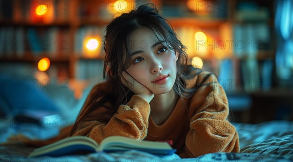 Relaxed woman in casual clothing resting her chin on her hand, thoughtful and at ease at home, AI