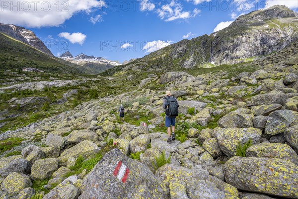 Mountaineers on a hiking trail in front of a picturesque mountain landscape, rocky mountain peaks