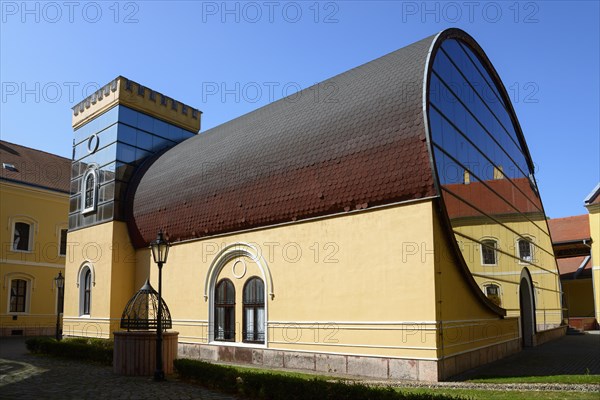 An unusual combination of modern glass architecture and traditional building elements under a clear