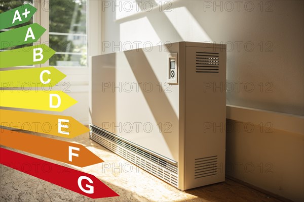 Night storage heating in a flat, diagram with energy efficiency classes for buildings according to