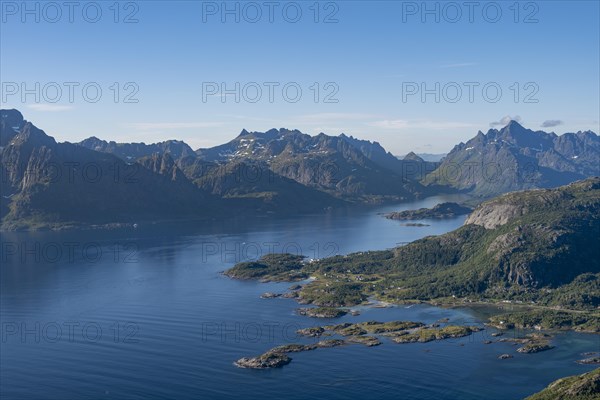 Fjord Raftsund and mountains, view from the top of Dronningsvarden or Stortinden, Vesteralen,