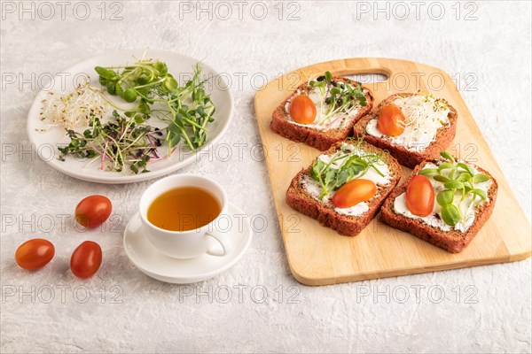Red beet bread sandwiches with cream cheese, tomatoes and microgreen on gray concrete background.