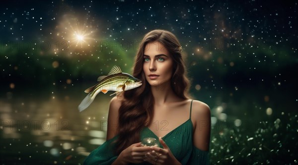 Young woman Pisces according to the zodiac sign with brown hair and blue eyes with a fish in her