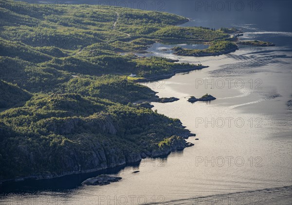 Coast with small house, Raftsund fjord, view from the top of Dronningsvarden or Stortinden,