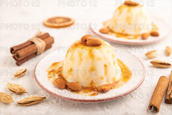 White milk jelly with caramel sauce on gray concrete background. side view, close up, selective