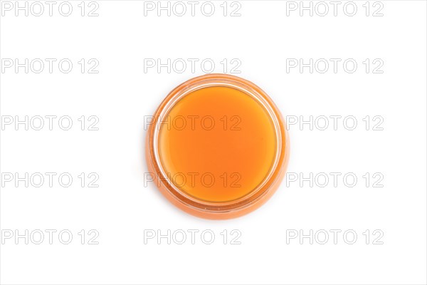 Baby puree with fruits mix, pumpkin, persimmon, mango infant formula in glass jar isolated on white