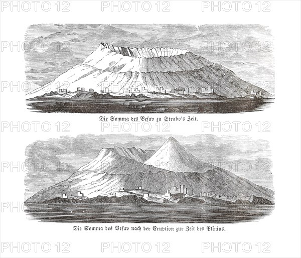 Comparison of two views of a volcanic crater, Vesuvius, Vesuvio or Vesuvius, black and white