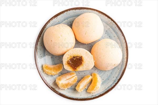 Japanese rice sweet buns mochi filled with jam isolated on white background. top view, flat lay,