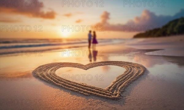 Heart drawn in the sand on a tropical beach and silhouette of a couple meets the dawn together at