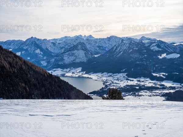 Winter mood, snow-covered landscape, snow-covered alpine peaks, view from the Schafbergalm to Lake