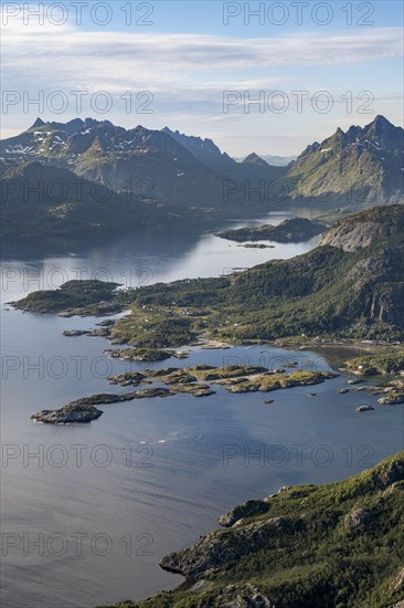 Fjord Raftsund and mountains, view from the top of Dronningsvarden or Stortinden, Vesteralen,