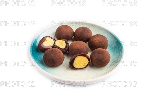 Japanese rice sweet buns chocolate mochi filled with cream isolated on white background. side view,