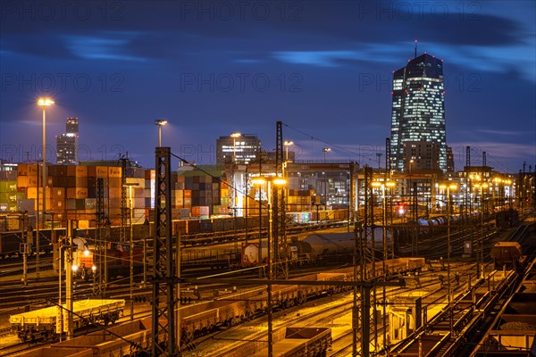 Numerous wagons are parked at the Frankfurt East freight station, near the European Central Bank