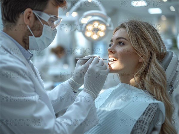 A patient is treated in a dental practice by a dentist, AI generated