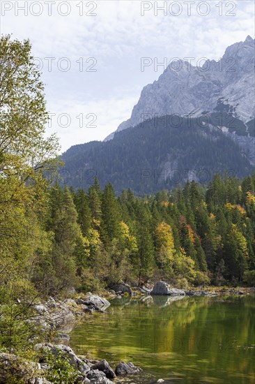 Zugspitze massif and Zugspitze with Eibsee lake, Wetterstein mountains, Grainau, Werdenfelser Land,