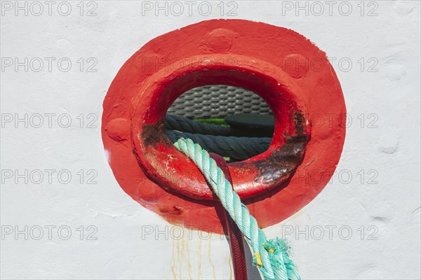 Ship stowage with round opening on an old ship in Varel harbour, Varel, Lower Saxony, Germany,