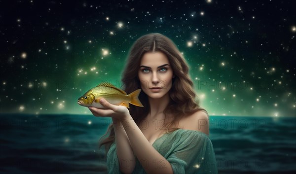 Young woman Pisces according to the zodiac sign with brown hair and blue eyes with a fish in her