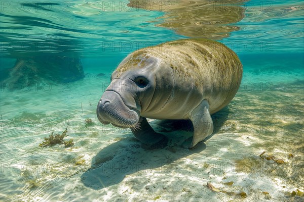 A manatee or west indian manatee (Trichechus manatus) swims leisurely in a sunlit, clear water over