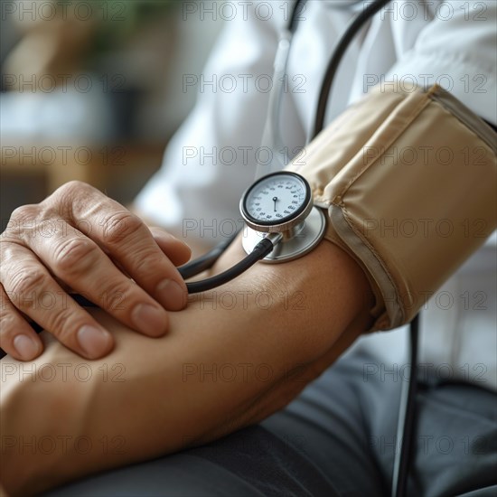 A man checks his blood pressure with a measuring device. Avoidance of bulk hypertension, scarcity,