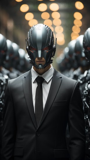 A man with a cybernetic helmet in a suit stands in the foreground with other similarly equipped men
