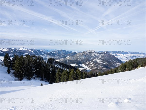 Winter mood, snowy landscape, snowy alpine peaks, view from the Schafbergalm to Lake Mondsee,