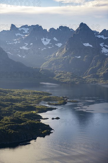Atmospheric landscape, Raftsund fjord and mountains, view from the summit of Dronningsvarden or
