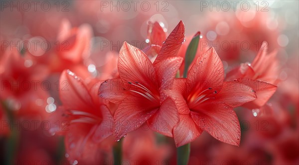 Butterfly sword lily, Gladiolus papilio red flowers with water droplets glisten in the light, AI