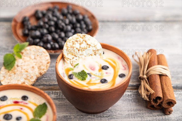 Yoghurt with bilberry and caramel in clay bowl on gray wooden background. side view, close up,