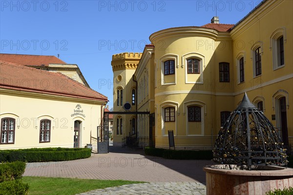 A castle courtyard with yellow facades, a sculpture and a fountain on a sunny day, Officers'