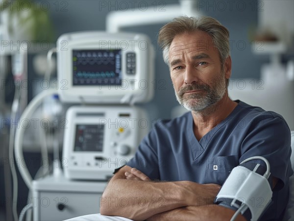 A man checks his blood pressure with a measuring device. Avoidance of bulk hypertension, scarcity,