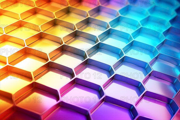 Metallic honeycomb pattern illuminated with vibrant gradient colors abstract background, AI