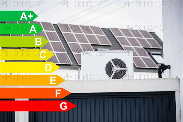Heat pump on a garage roof in a new housing estate, solar panels mounted on house roofs in the