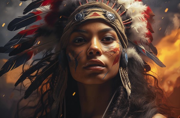 Portrait of a young woman in traditional Indian traditional costume and war paint looks intensely