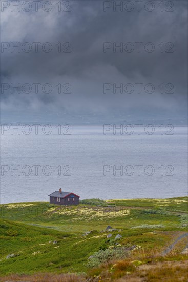 Shot of a hut on Lake Soenstevatn in the rain, portrait format, inland waters, log cabin, holiday