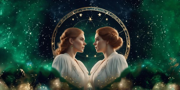 Young woman Gemini by zodiac sign with brown hair and green eyes against the background of the