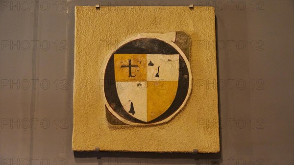 Ancient medieval coat of arms on a shield with a cross and in yellow, black and white colours,