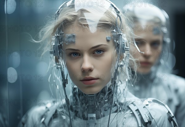 A female figure with a futuristic headset looks seriously against a blurred background with another