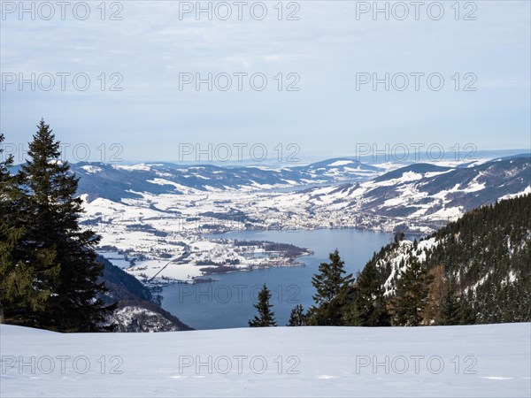 Winter atmosphere, snowy landscape, view from the Schafbergalm to the Mondsee, near St. Wolfgang,