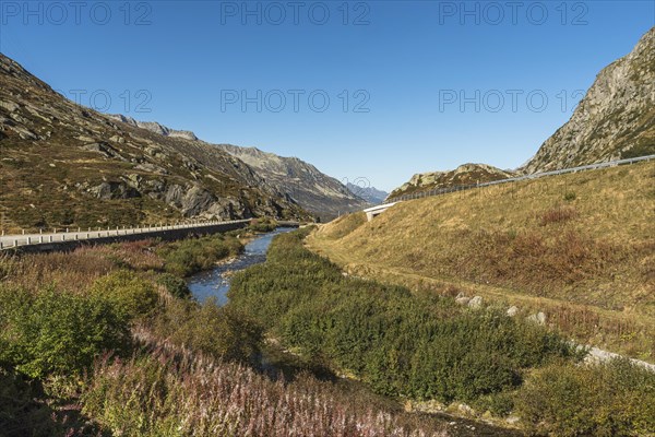 Mountain landscape at the Gotthard Pass, view of the old pass road, Canton Ticino, Switzerland,