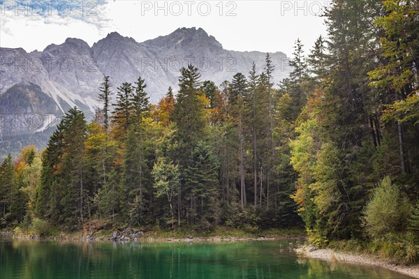 Zugspitze massif and Zugspitze with Eibsee lake, Wetterstein mountains, Grainau, Werdenfelser Land,