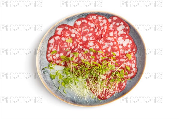 Slices of smoked cervelat salami sausage with spinach microgreen isolated on white background. Top