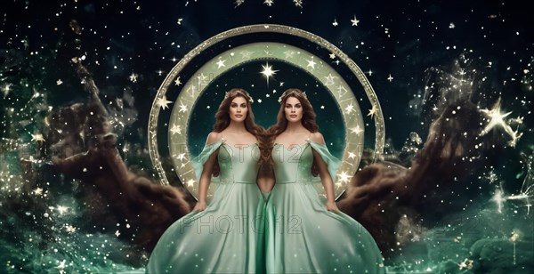 Young woman Gemini by zodiac sign with brown hair and green eyes against the background of the