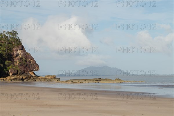 Cliff in Bako national park, sunny day, blue sky and sea. Vacation, travel, tropics concept, no