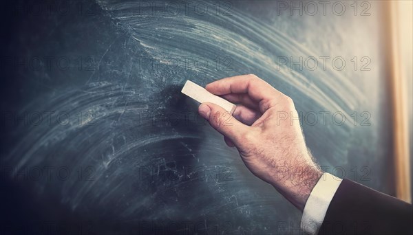 Closeup teacher hand holding a piece of chalk starts writing on the blank blackboard. Businessman