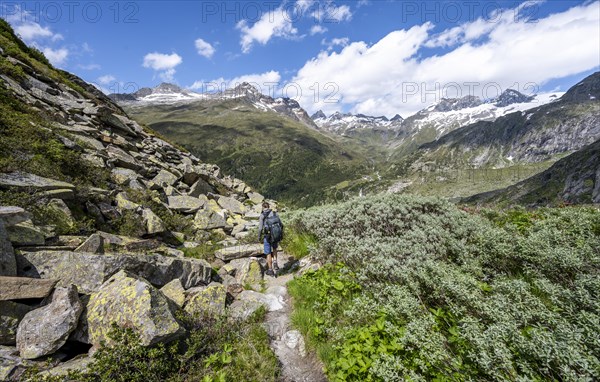 Mountaineers on a hiking trail in front of a picturesque mountain landscape, rocky mountain peaks