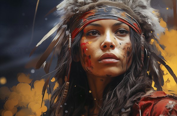 Portrait of a young woman with Indian feather jewellery and war paint, vivid colours emphasise her