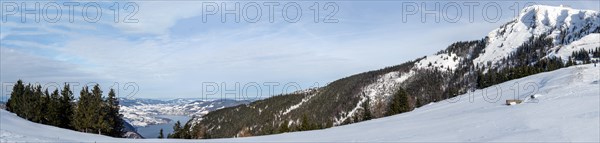 Winter mood, snowy landscape, view from the Schafbergalm to the Mondsee and the Schafberg,
