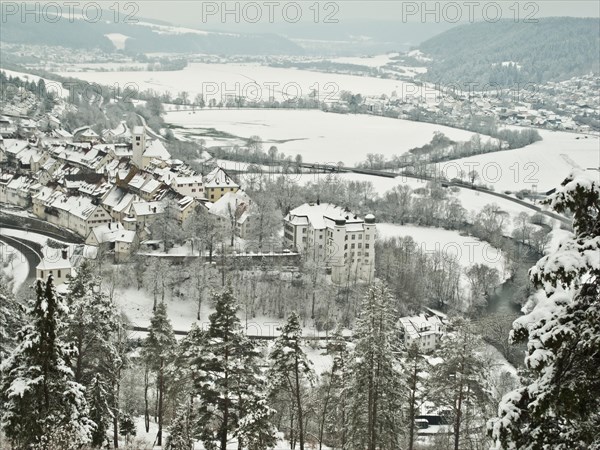 View of Muehlheim on the Danube, Muehlheim Castle, Rear Castle, Winter, Upper Danube, Tuttlingen,